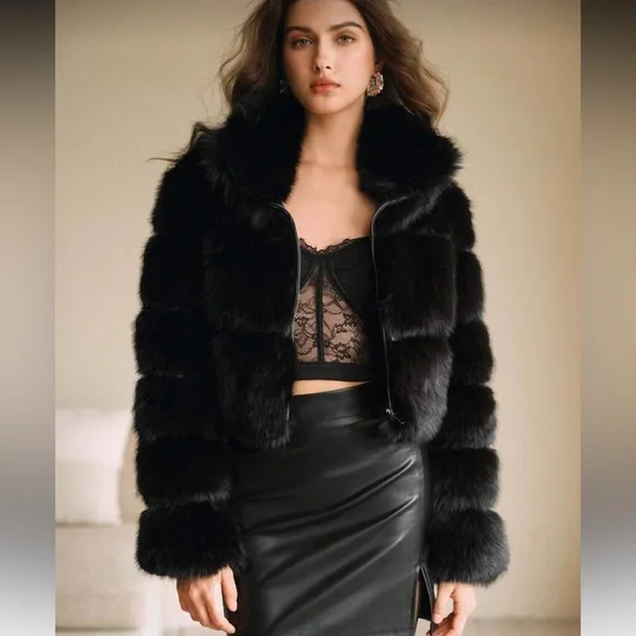 Luxury quilted faux fur jacket vintage style coat zip up black - Picture 1 of 13